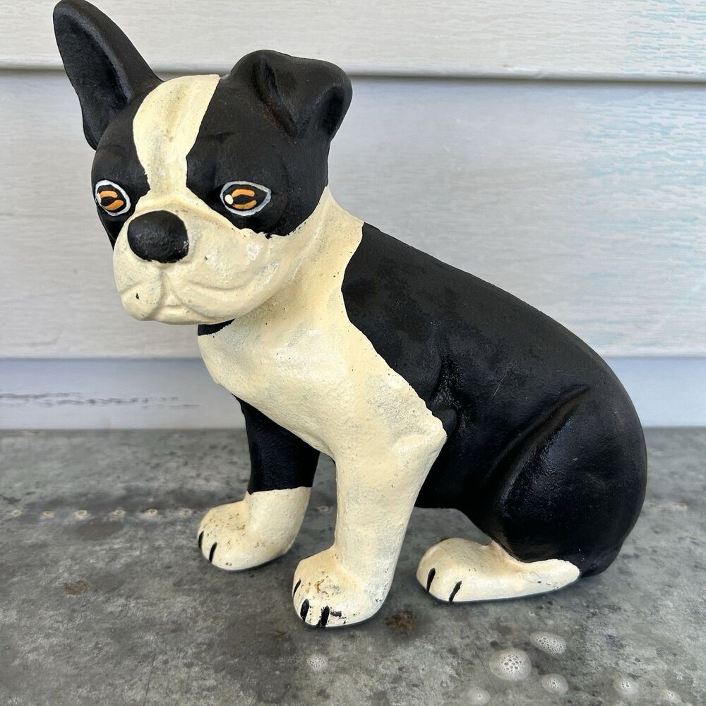 Vintage Cast Iron Boston Terrier Door Stop French Bulldog Dog Black White 7”